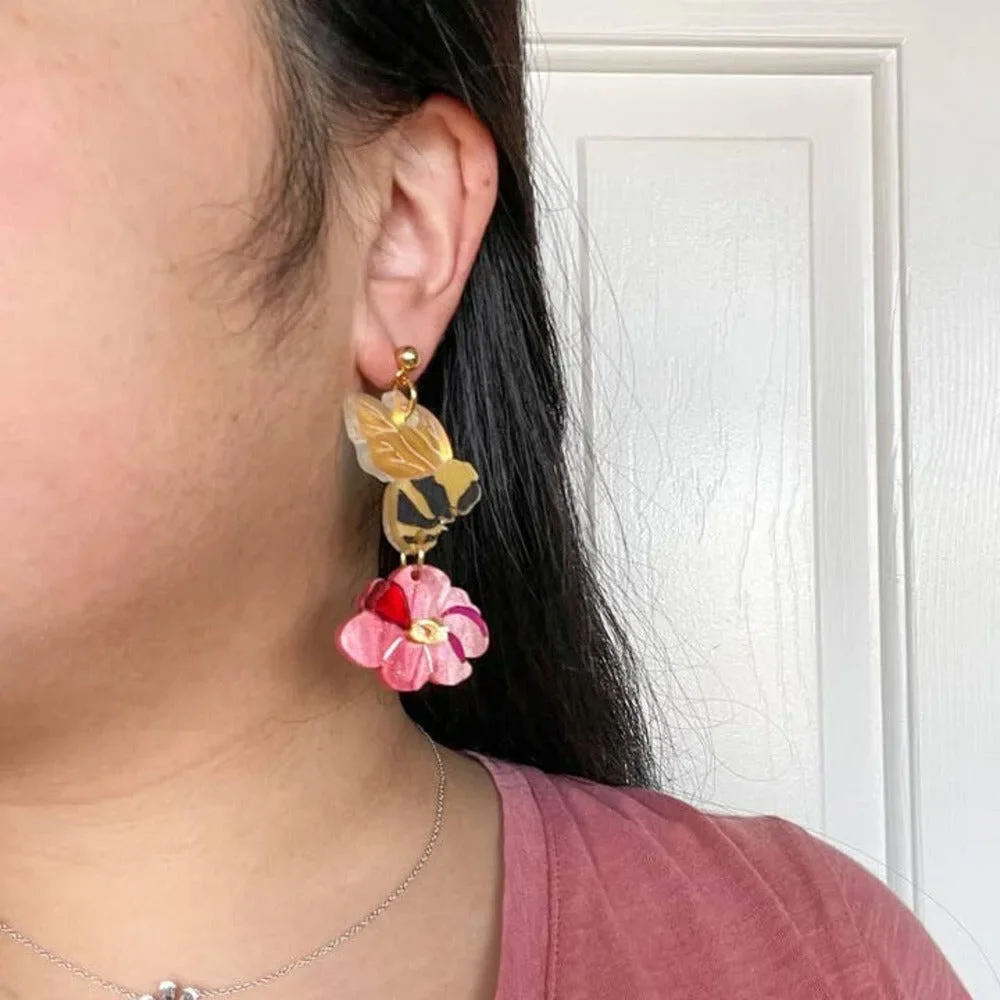 Honey Bee Flower Acrylic Earrings - Picture 2 of 3